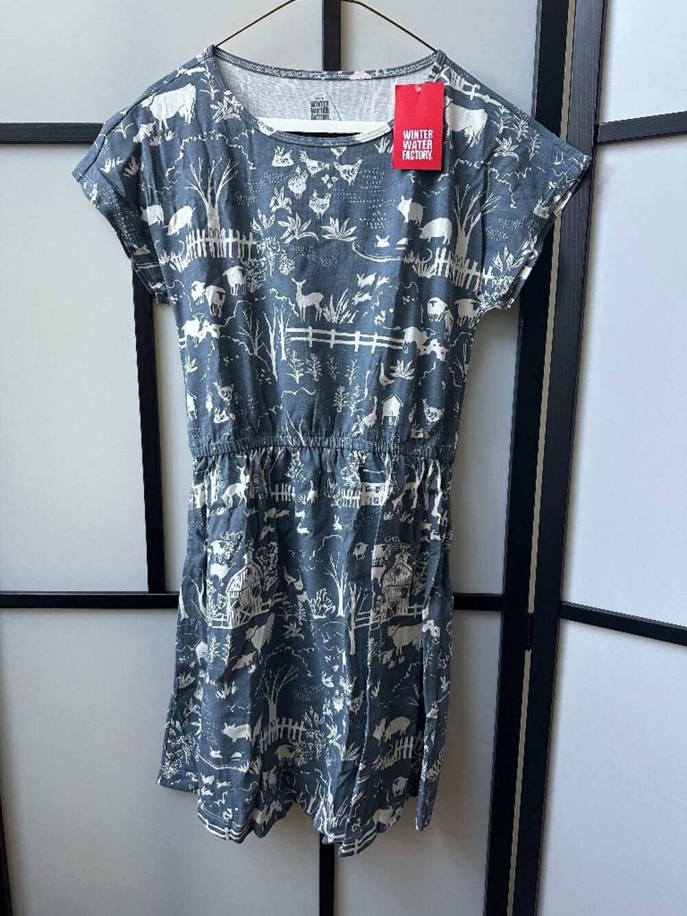 Winter Water Factory Dress Womens XS Blue Organic Cotton Farm Scene, Folk NWT